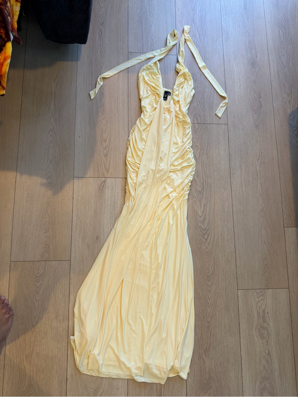 Windsor Pale Yellow Halter Ruched Maxi Dress